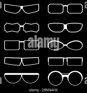 Set of outline transparent icons of glasses of different shapes. Vector illustrations on a black background. Stock Vector