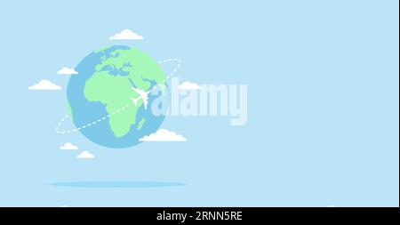 Planet Earth with an airplane flying around it and clouds on a blue background with copy space. Flat vector illustration Stock Vector