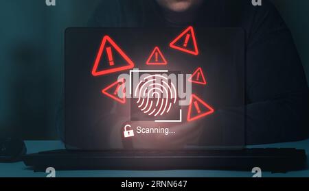 Biometric authentication for cybersecurity vulnerability. fingerprint scanning for data breach. Warning alert access password thru fingerprints. Stock Photo