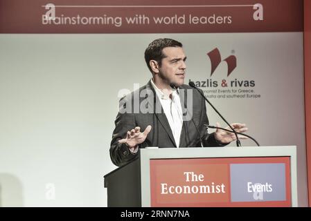 (170629) -- ATHENS, June 29, 2017 -- Greek Prime Minister Alexis Tsipras delivers a speech at an economic forum in Athens, Greece, on June 29, 2017. Greece is gradually untangling from chronic recession and creates the conditions to return to normality with solid steps, Alexis Tsipras said on Thursday while addressing an economic forum in Athens. ) GREECE-ATHENS-PM-ECONOMIC FORUM MariosxLolos PUBLICATIONxNOTxINxCHN   Athens June 29 2017 Greek Prime Ministers Alexis Tsipras delivers a Speech AT to Economic Forum in Athens Greece ON June 29 2017 Greece IS gradually untangling from Chronic Recess Stock Photo