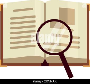 Studying flat icon. Color book with magnifying glass Stock Vector