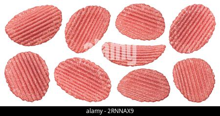 Falling red ridged beetroot chips isolated on white background Stock Photo