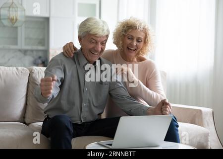 Happy excited mature old married couple celebrating win Stock Photo