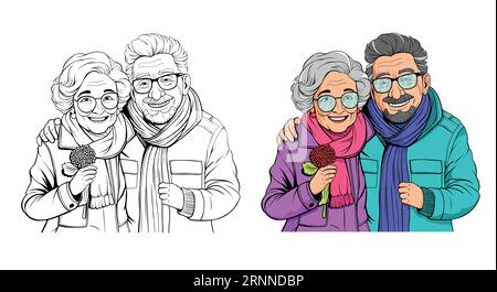 Elderly couple smiling. Old woman and old man couple embrace affectionately. Stock Vector