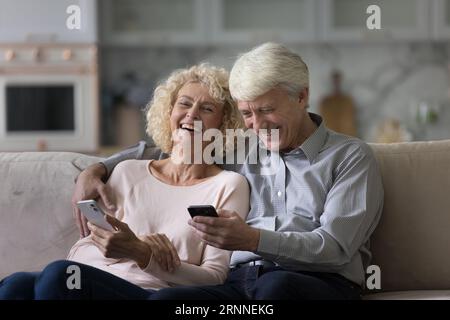 Cheerful senior married couple using applications, virtual services Stock Photo