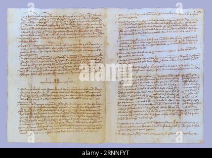 Letter from Juan Sebastian Elcano addressed to Emperor Charles V to recounts the events of his journey around the world. Stock Photo