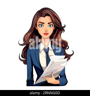 Young businesswoman office worker holding paper documents. Vector illustration isolated on white background Stock Vector
