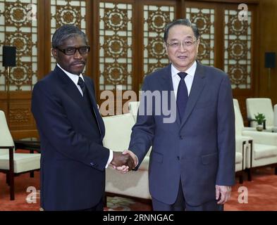 (170713) -- BEIJING, July 13, 2017 -- Yu Zhengsheng, chairman of the National Committee of the Chinese People s Political Consultative Conference, meets with Teodoro Nguema Obiang Mangue, vice president of Equatorial Guinea, in Beijing, capital of China, July 13, 2017. ) (zhs) CHINA-EQUATORIAL GUINEA-YU ZHENGSHENG-MANGUE-MEETING (CN) XiexHuanchi PUBLICATIONxNOTxINxCHN   170713 Beijing July 13 2017 Yu Zheng Sheng Chairman of The National Committee of The Chinese Celebrities S Political Consultative Conference Meets With Teodoro Nguema Obiang Mangue Vice President of Equatorial Guinea in Beijing Stock Photo