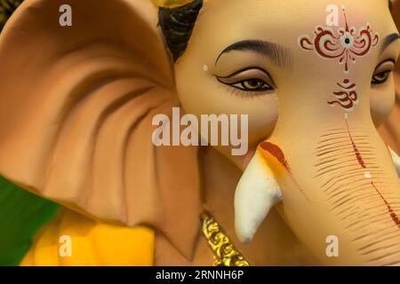 Closeup of a beautiful idol of Lord Ganpati on display at a workshop in Mumbai, India for the festival of Ganesh Chaturthi Stock Photo