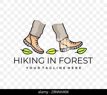 Feet in boots walking through forest, hiking and hike, colored graphic design. Camping, tourism, travel, traveling and journey, vector design Stock Vector