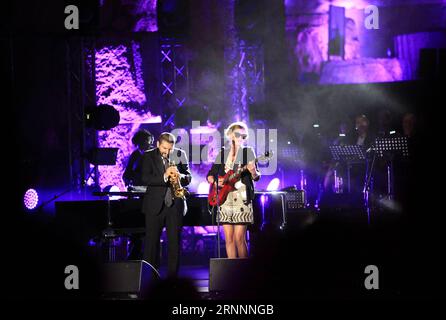 (170723) -- BAALBECK, July 23, 2017 () -- Trumpet player and composer Ibrahim Maalouf (L) performs during the Baalbeck International Festival in Baalbeck, Lebanon, July 22, 2017.() (djj) LEBANON-BAALBECK-INTERNATIONAL FESTIVAL-IBRAHIM MAALOUF Xinhua PUBLICATIONxNOTxINxCHN   Baalbeck July 23 2017 Trumpet Player and Composer Ibrahim Maalouf l performs during The Baalbeck International Festival in Baalbeck Lebanon July 22 2017 djj Lebanon Baalbeck International Festival Ibrahim Maalouf XINHUA PUBLICATIONxNOTxINxCHN Stock Photo