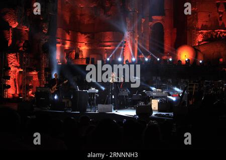 (170723) -- BAALBECK, July 23, 2017 () -- Trumpet player and composer Ibrahim Maalouf performs during the Baalbeck International Festival in Baalbeck, Lebanon, July 22, 2017.() (djj) LEBANON-BAALBECK-INTERNATIONAL FESTIVAL-IBRAHIM MAALOUF Xinhua PUBLICATIONxNOTxINxCHN   Baalbeck July 23 2017 Trumpet Player and Composer Ibrahim Maalouf performs during The Baalbeck International Festival in Baalbeck Lebanon July 22 2017 djj Lebanon Baalbeck International Festival Ibrahim Maalouf XINHUA PUBLICATIONxNOTxINxCHN Stock Photo