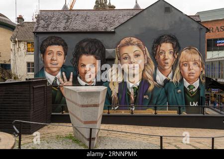 Derry Girls tv show mural in the city of Derry - Londonderry, northern Ireland. Stock Photo