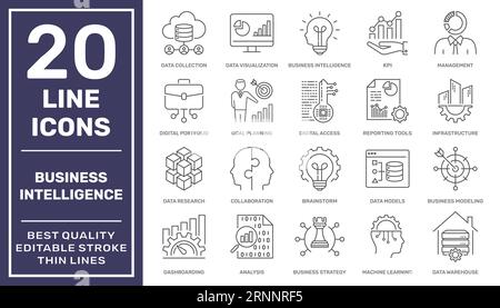 Business intelligence related icons. BI icons. Reporting, brainstorming, management, data analysis, collaboration, research, visualization and others Stock Vector