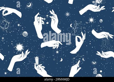 Witch hands, magic tarot seamless pattern, wizardry and fortune-telling, sorcery and witchcraft background, magic spells, vector Stock Vector