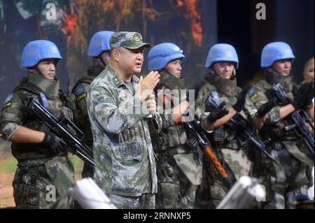 (170801) -- BEIJING, Aug. 1, 2017 -- Director Ning Haiqiang (front) of film Chinese Peacekeeping Forces attends a press conference in Beijing, capital of China, July 31, 2017. The film tells the heroic stories of Chinese peacekeepers in Africa. China has been a staunch supporter of and an active participant in United Nations peacekeeping operations. It s the largest troop-contributor among the permanent members of the Security Council and second largest contributor to the peacekeeping budget. ) (lx) CHINA-BEIJING-FILM-PRESS CONFERENCE(CN) JinxLiangkuai PUBLICATIONxNOTxINxCHN   Beijing Aug 1 20 Stock Photo