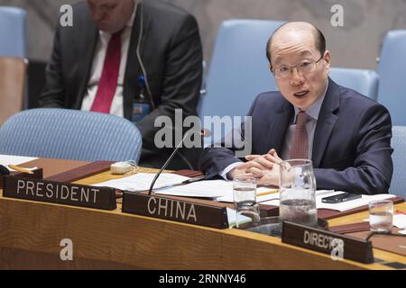 (170801) -- UNITED NATIONS, Aug. 1, 2017 -- File photo taken on July 25, 2017 shows Liu Jieyi (R), China s Permanent Representative to the United Nations and UN Security Council president for July, addressing a Security Council open debate on the situation in the Middle East at the UN headquarters in New York. China on July 31 concluded its rotating presidency of the UN Security Council for the month of July. Under the month-long Chinese presidency, the Security Council, which is the most powerful UN body, convened more than 30 meetings, adopted four resolutions and four presidential statement Stock Photo