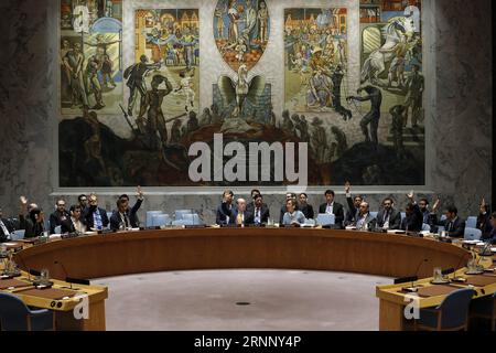 (170801) -- UNITED NATIONS, Aug. 1, 2017 -- File photo taken on July 14, 2017 shows United Nations Security Council voting on a resolution on the extension of the mandate of the UN political mission in Iraq at the UN headquarters in New York. China on July 31 concluded its rotating presidency of the UN Security Council for the month of July. Under the month-long Chinese presidency, the Security Council, which is the most powerful UN body, convened more than 30 meetings, adopted four resolutions and four presidential statements, and issued seven press statements. In July, China succeeded in hol Stock Photo