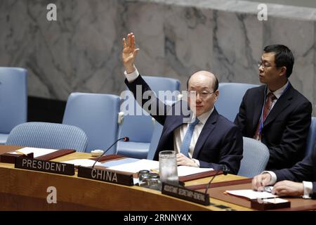 (170801) -- UNITED NATIONS, Aug. 1, 2017 -- File photo taken on July 10, 2017 shows Liu Jieyi (Front), China s Permanent Representative to the United Nations and UN Security Council president for July, voting in favor of a Security Council resolution to establish a new UN mission to help reintegrate rebels from Colombia s former largest guerrilla group FARC back to society, at the UN headquarters in New York. China on July 31 concluded its rotating presidency of the UN Security Council for the month of July. Under the month-long Chinese presidency, the Security Council, which is the most power Stock Photo