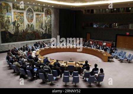 (170801) -- UNITED NATIONS, Aug. 1, 2017 -- File photo taken on July 5, 2017 shows the United Nations Security Council holding an emergency meeting on issues in the Korean Peninsula at the UN headquarters in New York. China on July 31 concluded its rotating presidency of the UN Security Council for the month of July. Under the month-long Chinese presidency, the Security Council, which is the most powerful UN body, convened more than 30 meetings, adopted four resolutions and four presidential statements, and issued seven press statements. In July, China succeeded in holding two open debates on Stock Photo