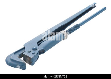 Old blue pipe wrench, plumber tool, isolated on white background Stock Photo