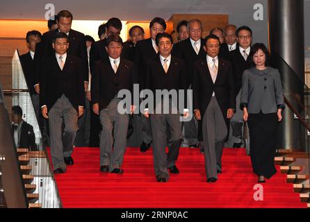 (170803) -- TOKYO, Aug. 3, 2017 -- Japanese Prime Minister Shinzo Abe (front C) leads his cabinet ministers as they attend a photo session at Abe s official residence in Tokyo, Japan, Aug. 3, 2017. Japanese Prime Minister Shinzo Abe reshuffled his cabinet and the ruling Liberal Democratic Party s (LDP) executive lineup on Thursday in a bid to restore public faith in a scandal-mired government. ) (djj) JAPAN-TOKYO-CABINET-RESHUFFLE MaxPing PUBLICATIONxNOTxINxCHN   Tokyo Aug 3 2017 Japanese Prime Ministers Shinzo ABE Front C leads His Cabinet Minister As They attend a Photo Session AT ABE S Offi Stock Photo