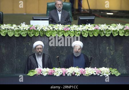 (170805) -- TEHRAN, Aug. 5, 2017 -- Hassan Rouhani (R, Front) attends his inauguration ceremony as Iranian President in Iran s parliament in Tehran, capital of Iran, on Aug. 5, 2017. Hassan Rouhani was sworn in as Iranian President for his second term on Saturday and vowed to continue constructive interaction with the international community. ) IRAN-TERAHN-ROUHANI-PRESIDENT-INAUGURATION CEREMONY AhmadxHalabisaz PUBLICATIONxNOTxINxCHN   TEHRAN Aug 5 2017 Hassan Rouhani r Front Attends His Inauguration Ceremony As Iranian President in Iran S Parliament in TEHRAN Capital of Iran ON Aug 5 2017 Has Stock Photo