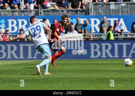 Wiesbaden, Germany. 02nd Sep, 2023. Soccer: 2nd Bundesliga, Matchday 5, SV Wehen Wiesbaden - FC Schalke 04 at BRITA Arena. Goal for Schake to 0:1 by Tobias Mohr (FC Schalke, 29). Credit: Jürgen Kessler/dpa - IMPORTANT NOTE: In accordance with the requirements of the DFL Deutsche Fußball Liga and the DFB Deutscher Fußball-Bund, it is prohibited to use or have used photographs taken in the stadium and/or of the match in the form of sequence pictures and/or video-like photo series./dpa/Alamy Live News Stock Photo