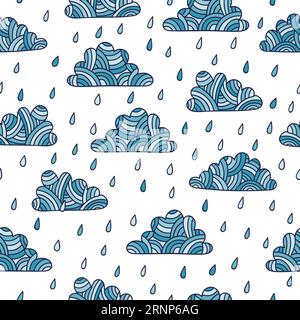 Seamless rainy pattern with doodle clouds and rain drops. Stock Vector