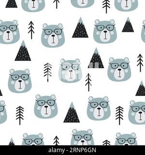 Seamless forest vector pattern with cute bears and trees. Stock Vector