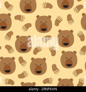 Seamless vector pattern with cute brown bears and paws. Stock Vector