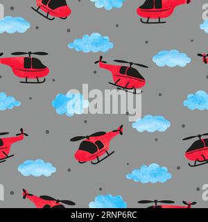 Seamless childish pattern with watercolor helicopters and clouds. Stock Vector