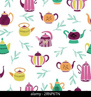 Seamless colorful teapots pattern. Vector tea background. Stock Vector