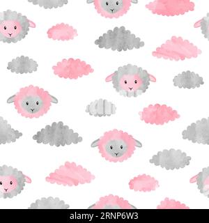 Seamless pattern with cute watercolor sheep and clouds. Vector baby print. Stock Vector