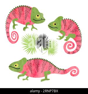Set of funny watercolor chameleons. Vector lizards isolated on white background. Stock Vector