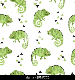 Seamless pattern with cute watercolor chameleons. Green lizards. Stock Vector