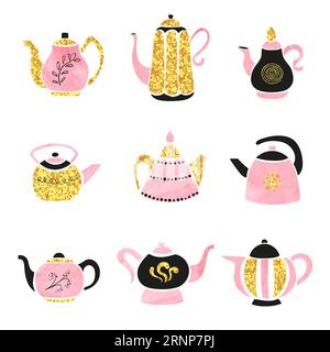Vector set of cute hand drawn teapots. Stock Vector