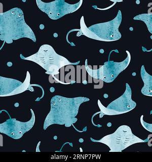 Seamless cute watercolor stingray pattern. Vector marine background with manta rays. Stock Vector