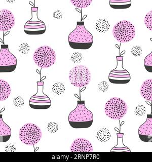 Seamless floral pattern with abstract flowers in vases. Stock Vector