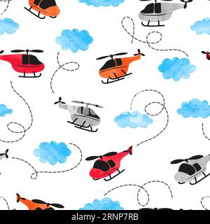 Seamless watercolor helicopter pattern for kids design. Stock Vector