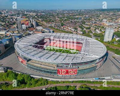 London. United Kingdom. 08/16/2023 Aerial image of The Emirates Stadium. Arsenal Football Club. 16th August 2023 Stock Photo