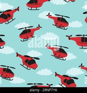Seamless childish pattern with red helicopters and clouds. Stock Vector