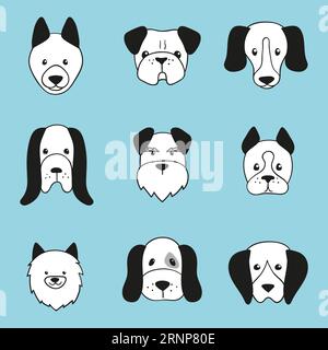 Hand drawn dog head icons. Vector set of cartoon dogs faces. Stock Vector
