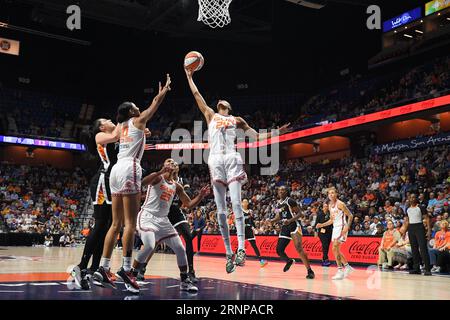 August 31, 2023: Connecticut Sun forward DeWanna Bonner (24) rebounds the ball during a WNBA game between the Phoenix Mercury and the Connecticut Sun at Mohegan Sun Arena in Uncasville, Connecticut. Erica Denhoff/CSM Stock Photo