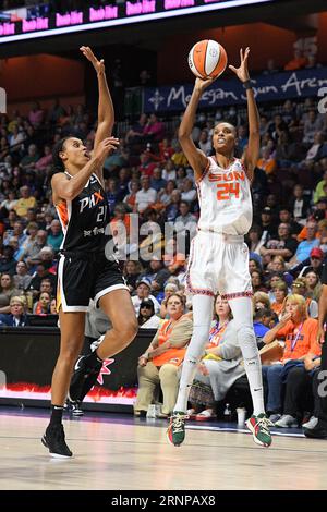 August 31, 2023: Connecticut Sun forward DeWanna Bonner (24) shoots the ball during a WNBA game between the Phoenix Mercury and the Connecticut Sun at Mohegan Sun Arena in Uncasville, Connecticut. Erica Denhoff/CSM Stock Photo