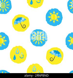 Weather dotted background. Seamless pattern with yellow and blue circles on white. Watercolor sun and rain icons Stock Vector