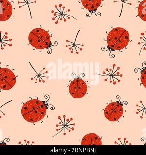 Ladybugs seamless pattern. Cute ladybirds and branches on pink background Stock Vector