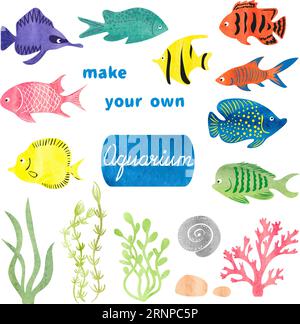 Exotic colorful tropical fish fishes collection set isolated. Stock Vector