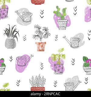Seamless pattern with watercolor plants in the pots. House plants isolated on white. Vector background Stock Vector