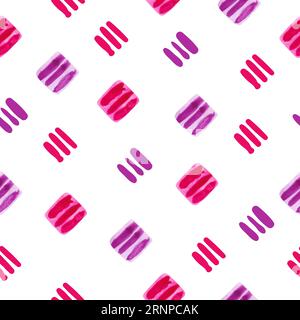 Watercolor geometric seamless pattern with squares and lines. Vector repeating background in red and purple Stock Vector